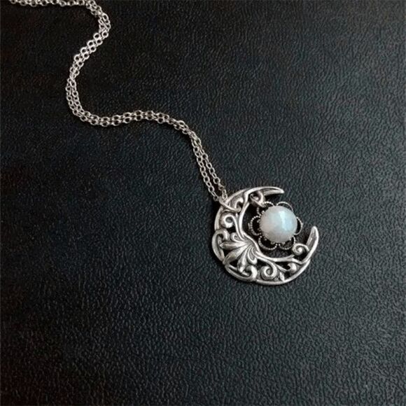 SILVER CRESCENT MOON FLOWER MOONSTONE BOHO NECKLACE - Picture 2 of 9
